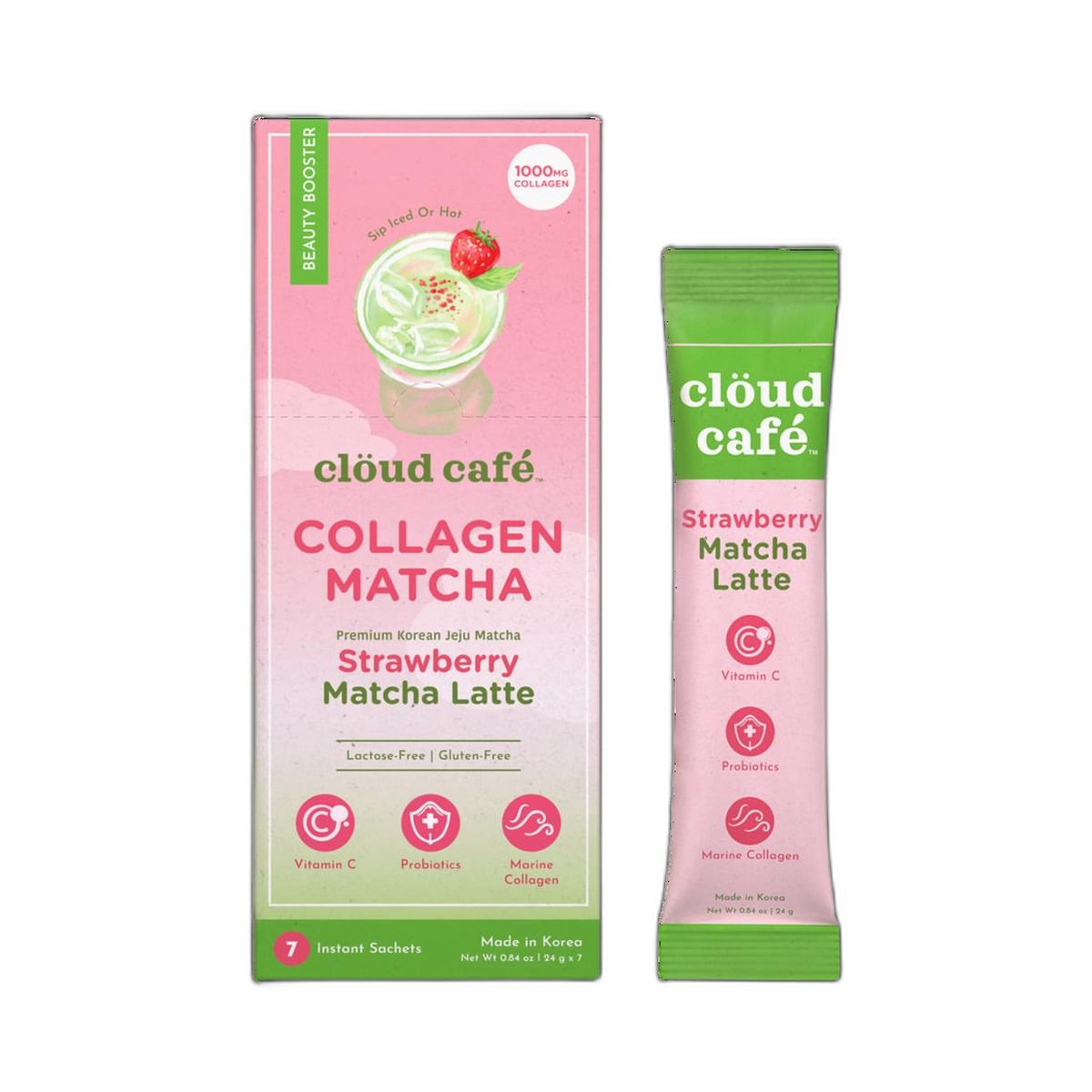 clöud café Strawberry Matcha Latte Collagen-Infused Beauty Booster, 7 ct