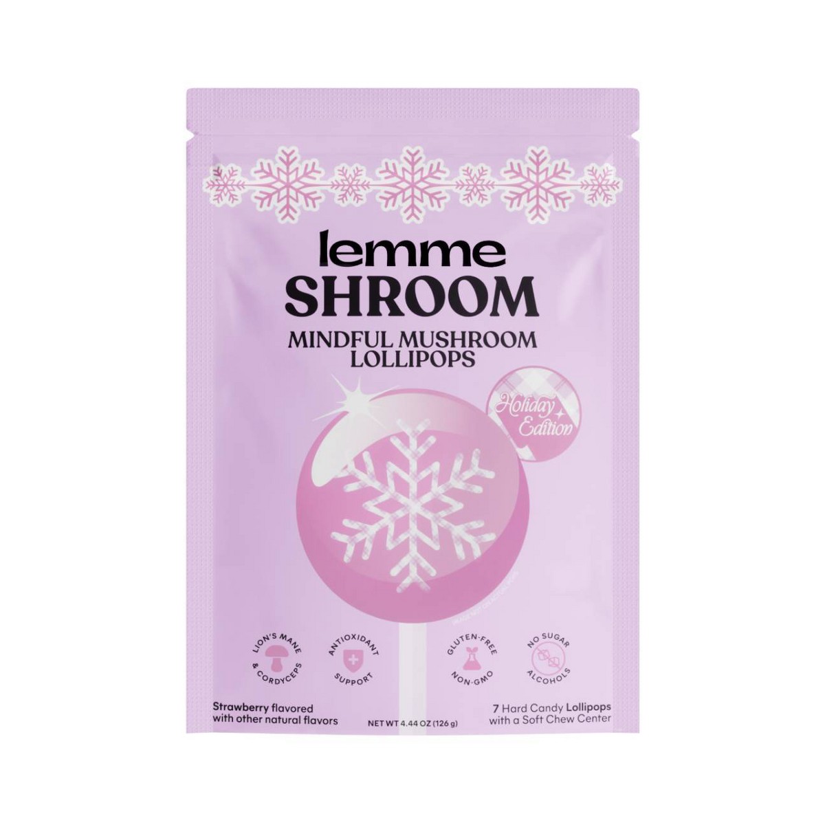 Lemme Shroom Mindful Mushroom Lollipops – Lion’s Mane + Cordyceps, Strawberry, 7 ct