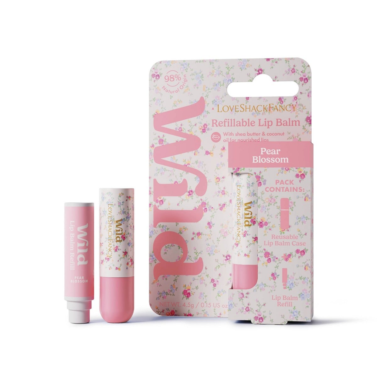 LoveShackFancy Wild Sunrise Patchwork Refillable Lip Balm Starter Pack – Pear Blossom, 0.15 oz