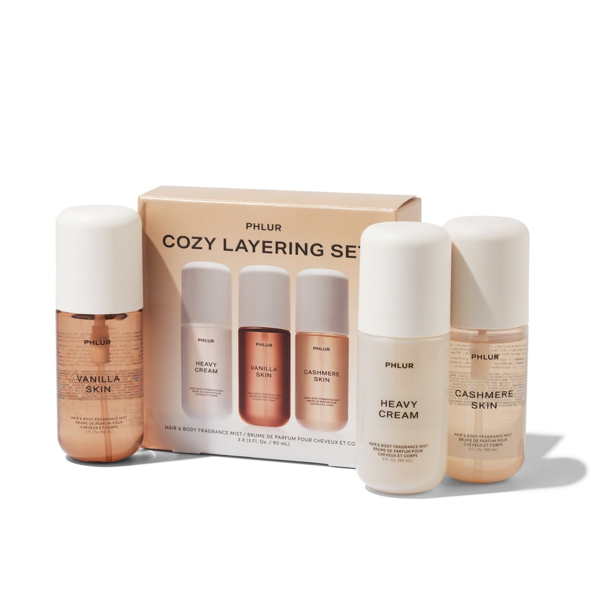 PHLUR Cozy Layering Set – Vanilla Skin, Heavy Cream & Cashmere Skin, 3 x 3 oz